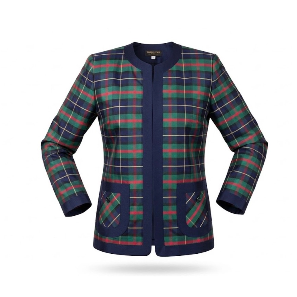 VTG Thai Silk Holiday Tartan Plaid Jacket Open Front Blazer Sz L Dark Academia
